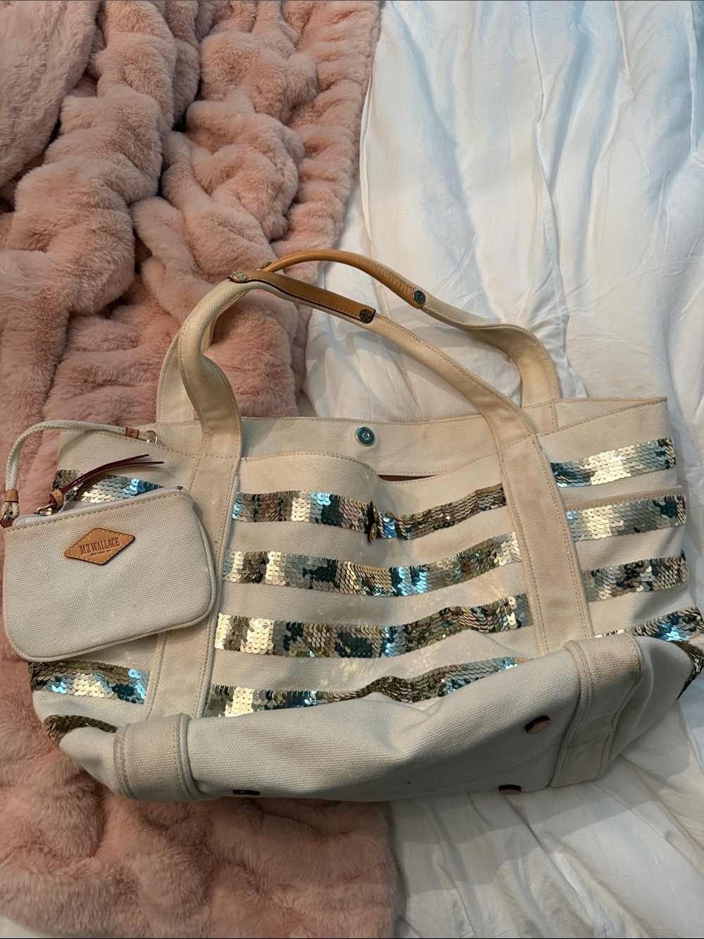 MZ Wallace Cream Canvas Tote with Iridescent Sequin Stripes